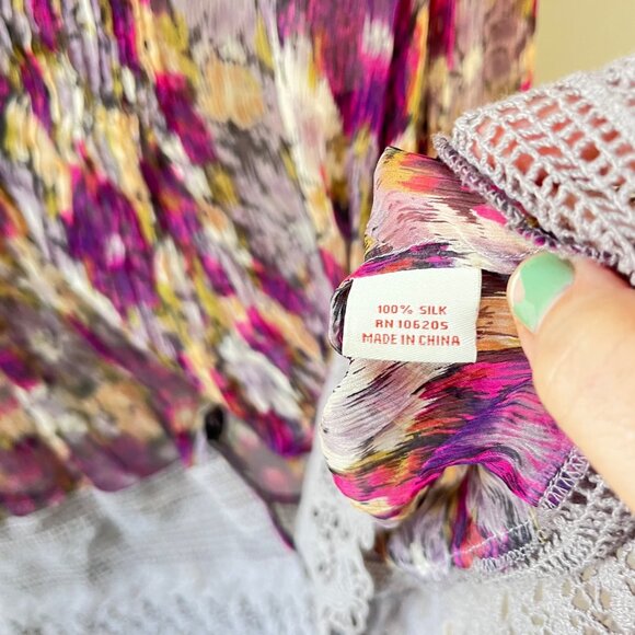 Sundance Womens Multicolor‎ Printed Silk Blouse W/ Lace Trim Bell Sleeves Size M - Picture 4 of 7